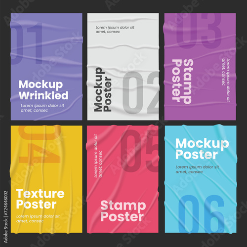 Paper poster collection, Glued paper wrinkled effect, vector realistic background. Badly wet glued paper or gray adhesive foil with crumpled and greased wrinkles texture, isolated blank templates set.