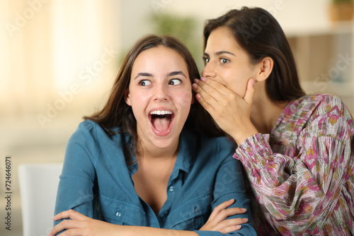 Woman telling amazing secret to a friend photo