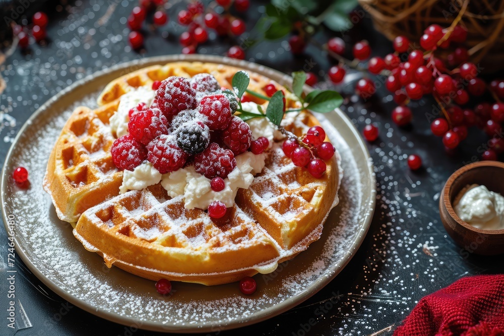 Belgian waffles topped with berries and cream cheese on a dark surface Belgian waffles topped with berries and cream cheese on a dark surface