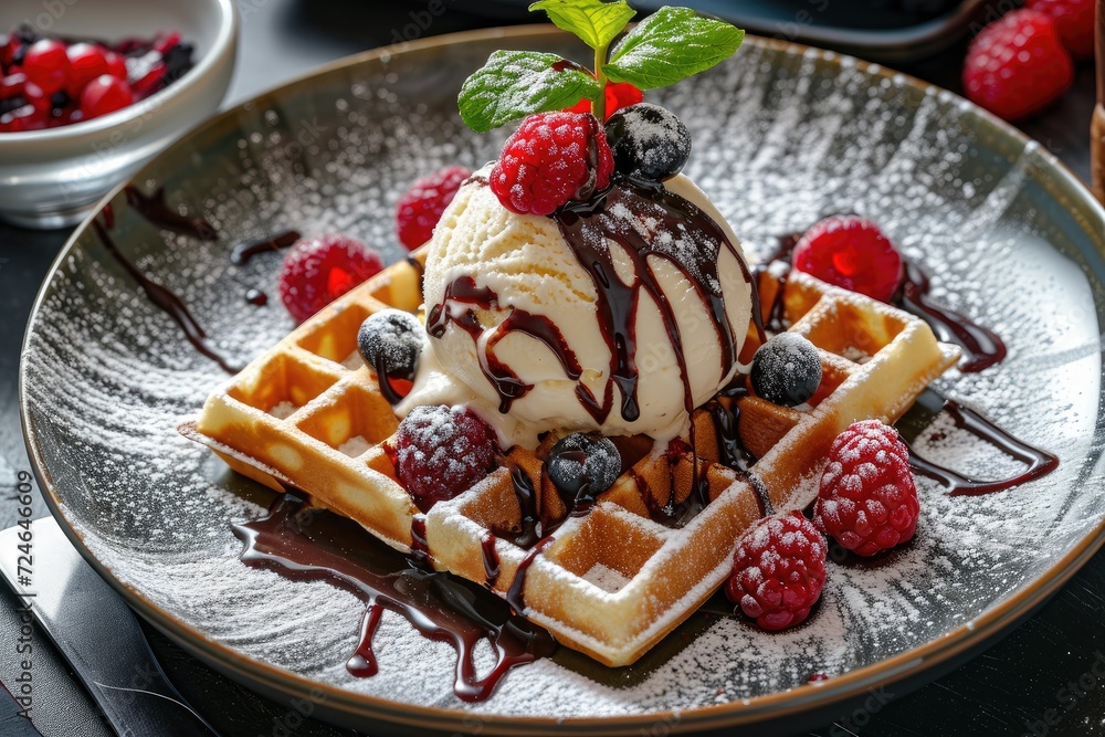 Belgian waffles with ice cream chocolate and berries Belgian waffles with ice cream chocolate and berries