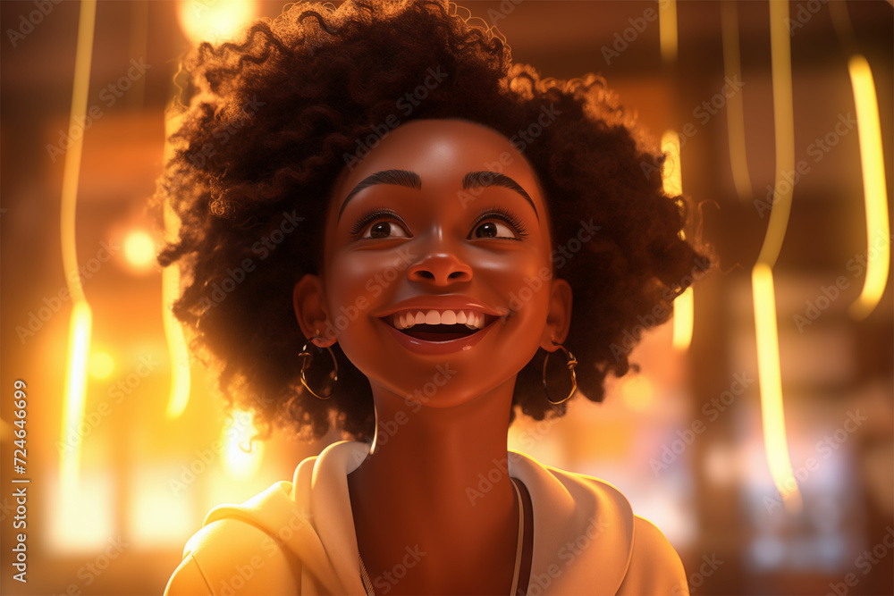 custom made wallpaper toronto digitalRadiant joy in a cartoon portrait – an African American woman smiles in the vibrant, unreal engine style with honeycore influences, a blink-and-you-miss-it detail, and a touch of golden light.