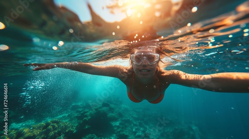 Attractive young womanl swims underwater in the sea.Woman swimming underwater in sea.