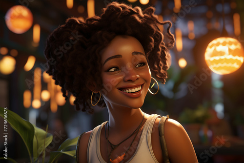 Radiant joy in a cartoon portrait – an African American woman smiles in the vibrant, unreal engine style with honeycore influences, a blink-and-you-miss-it detail, and a touch of golden light.