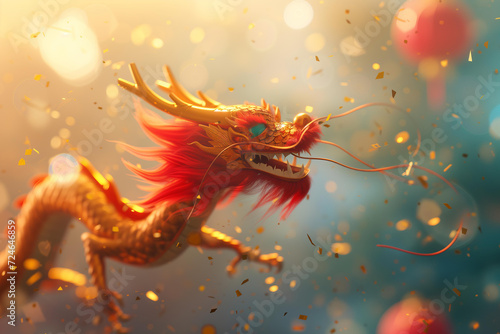  beautiful illustration 3d rendering of red and gold Chinese dragon flying in the sky . gold blurred confetti and blurred Chinese lanterns in the sky . Selective focus. chinese new year concept