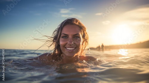A young adult woman smiles and relaxes in the sea  beauty eyes as she enjoys a dip in the water
