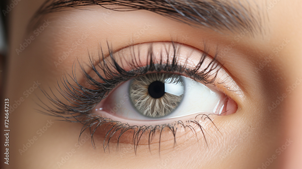 Obraz premium Eyelash Extension Procedure. Close-up of an eye with long and thick eyelashes, eyes visage. Woman eye with long false eyelashes. Cosmetics and make-up