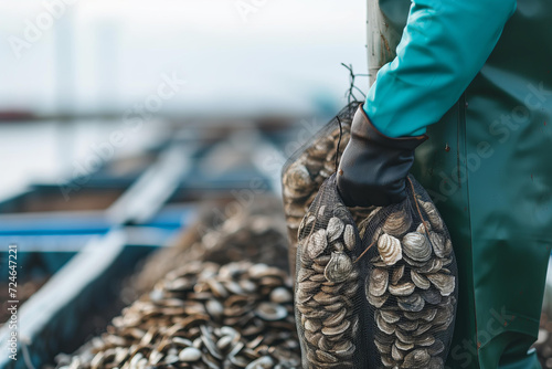 Oyster bags held by worker . oyster aquaculture concept photo