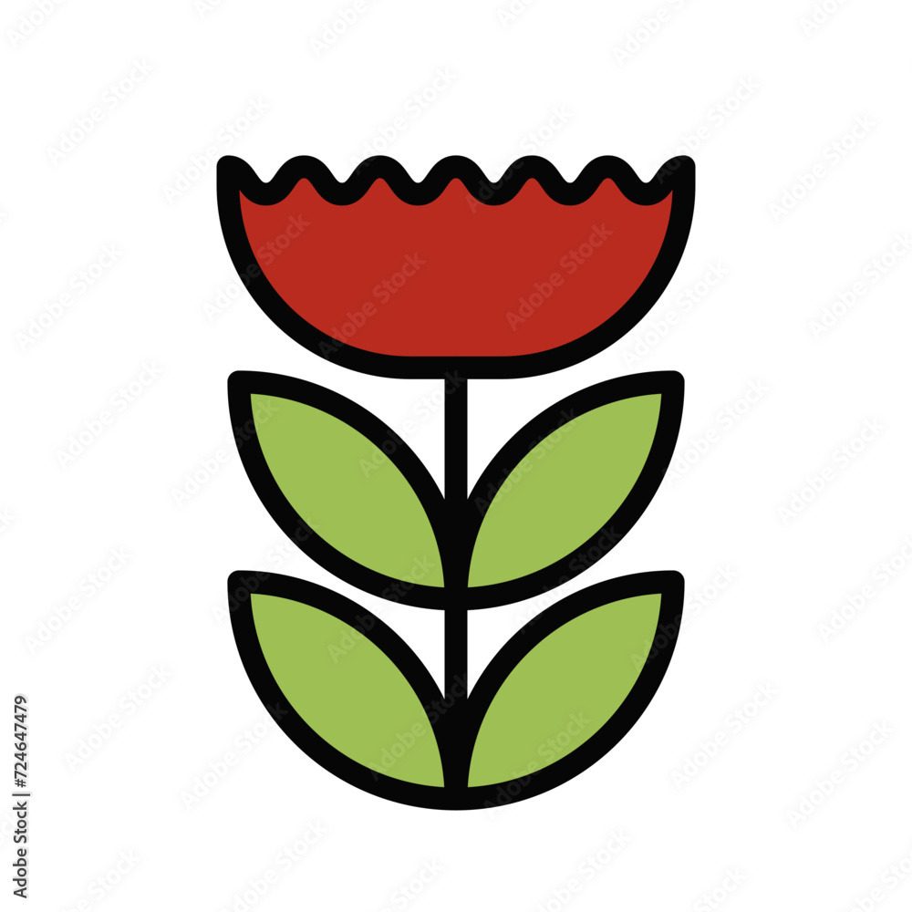 Red Flowers with Green Leaves. Outline Filled Color Red Flowers with Green Leaves. Outline Filled Color