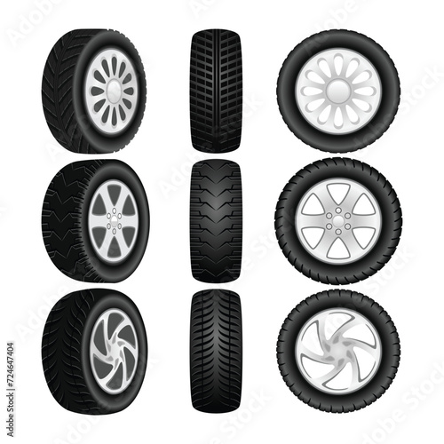 Set of Car tires set collection, Black rubber wheel tire set, Car tire tread tracks, motorcycle racing wheels and dirty tires track. Tyres road maintenance automobile with different angle or view.