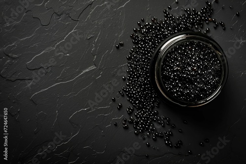 Black Caviar jar displayed on black background from top perspective with space for text photo