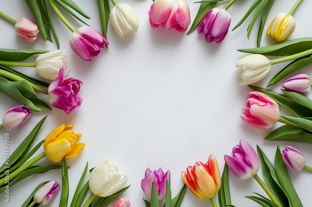 Women's Day Website Background or March 8 Postcard Featuring an Array of Colorful Tulips on a Crisp White Background - A Cheerful Design. Space for Text Women's Day Website Background or March 8 Postcard Featuring an Array of Colorful Tulips on a Crisp White Background - A Cheerful Design. Space for Text