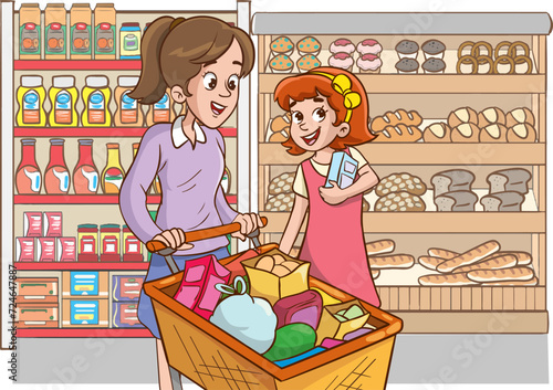 Illustration of a Mother and Daughter Shopping in a Grocery Store