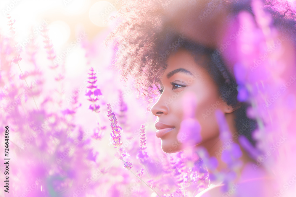 Connection between nature and femininity, dominant color purple, March, people concept, genrative ai