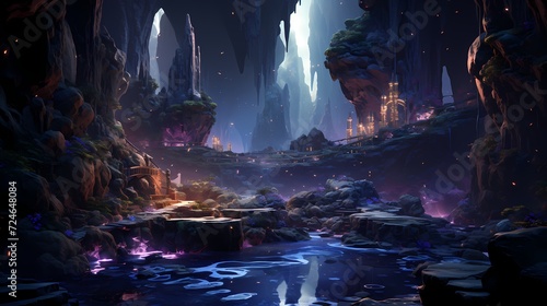 A cascade of holographic waterfalls in a muted canyon, each cascade emitting a soft, soothing glow against the rocky terrain