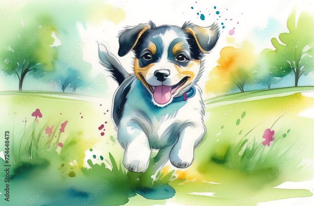 Illustration of a cute dog jumping in the grass. Watercolor painting