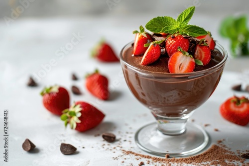 Blurred background glass with chocolate pudding and strawberries