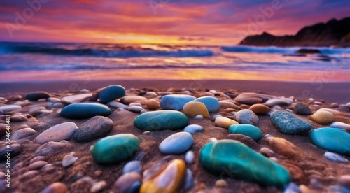 beautiful beach colored stones in the beach side with waves at the night, phosphorus stones, colored beach stones background