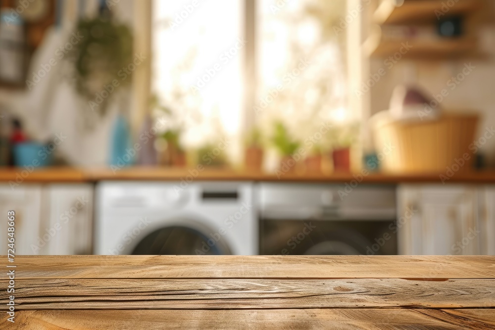 Blurry washing machine and laundry with wooden table in the foreground Blurry washing machine and laundry with wooden table in the foreground