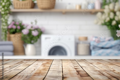 Blurry wooden table in home laundry room showcasing products photo