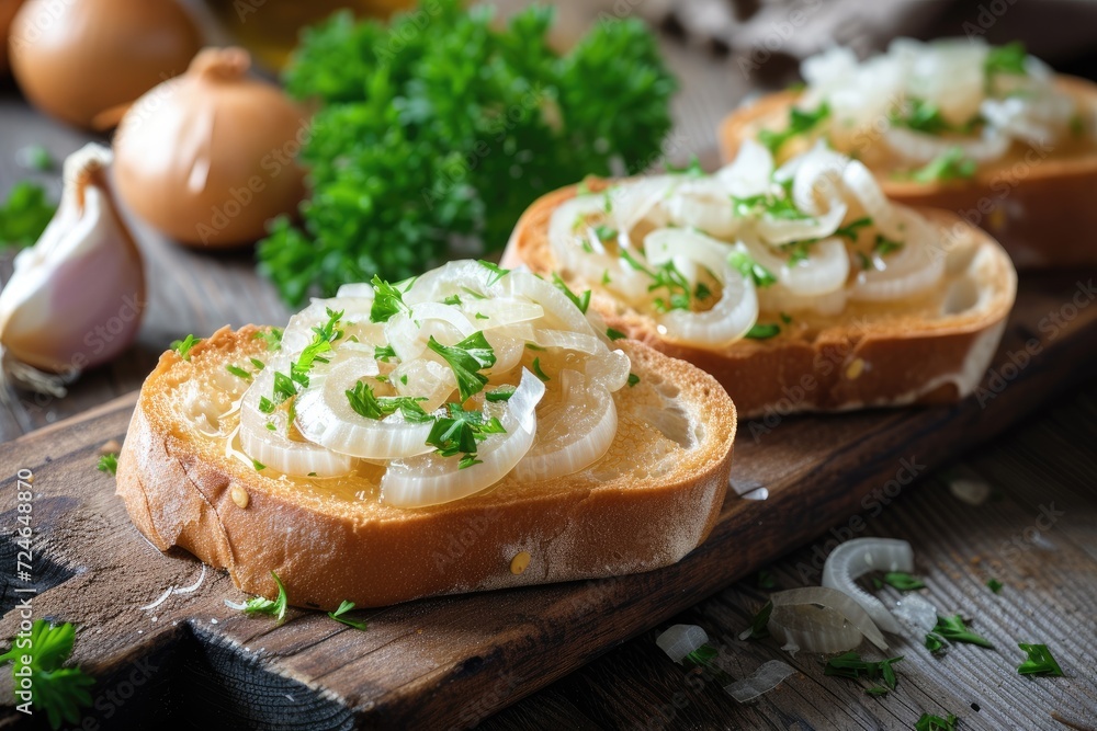 Bread slices topped with lard and onion grease Bread slices topped with lard and onion grease