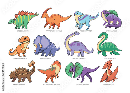 Cute dinosaurus set. Collection of Jurassic animals BC, colorful dinosaurus cartoon outline coloring page. Stegosaurus Parasaurolopus,  Velociraptor, Spinosaurus, Tyrannosaurus Rex, TRex, Triceratops