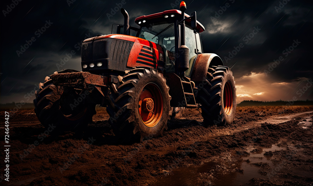 The tractor works the soil in the field with amazing background The tractor works the soil in the field with amazing background