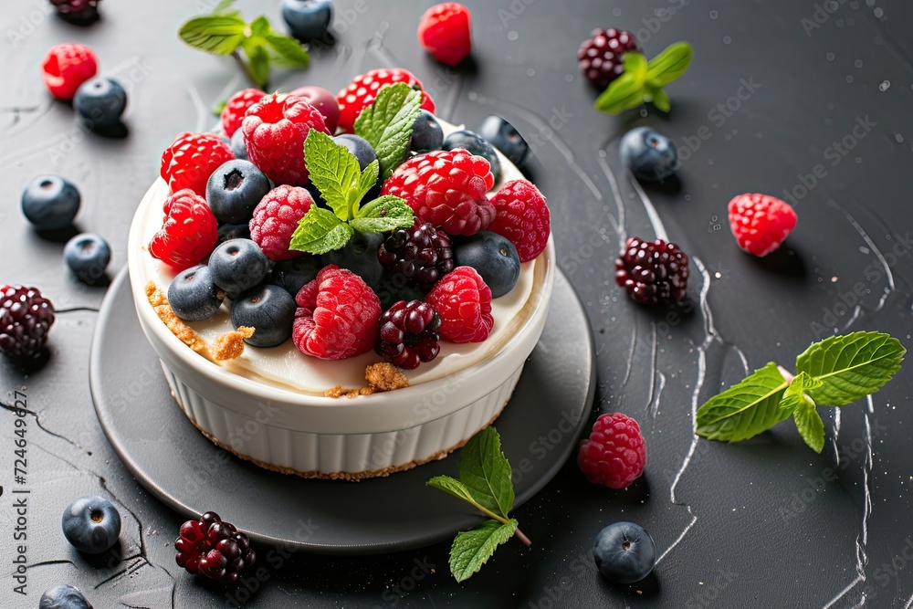 Cheesecake topped with berries and mint Cheesecake topped with berries and mint