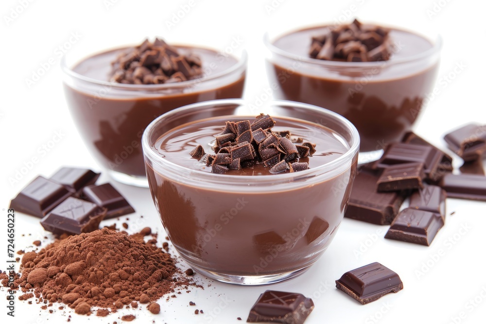 Chocolate pudding on a white background made from jelly cocoa powder sugar and milk with a sweet taste Chocolate pudding on a white background made from jelly cocoa powder sugar and milk with a sweet taste