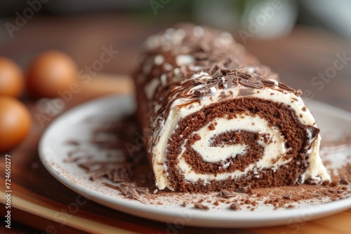 Chocolate swiss roll cake made with sponge cake butter cream perfect for celebration served on plate focused