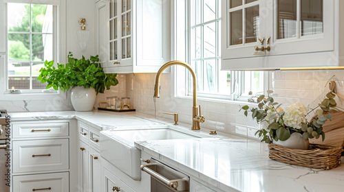An elegant kitchen design featuring ivory cabinetry, a gilded tap, pristine marble surfaces, and a rustic ceramic tile backsplash.