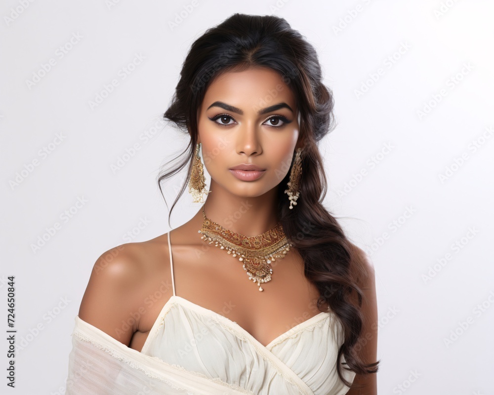 Portrait of beautiful indian girl. Young hindu woman model with kundan jewelry set. Traditional India costume red sari Portrait of beautiful indian girl. Young hindu woman model with kundan jewelry set. Traditional India costume red sari