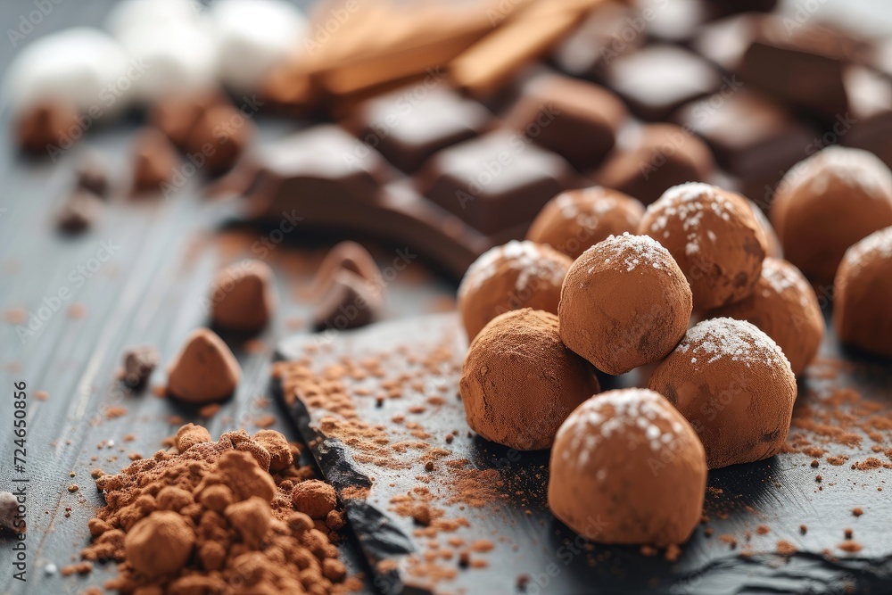 Close up horizontal view of chocolate truffles on the table Close up horizontal view of chocolate truffles on the table