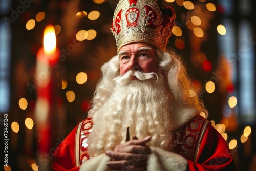 Saint Nicholas or Sinterklaas portrait. Christmas season. Dutch and Belgian Christmas holiday traditions, Generative AI  photo