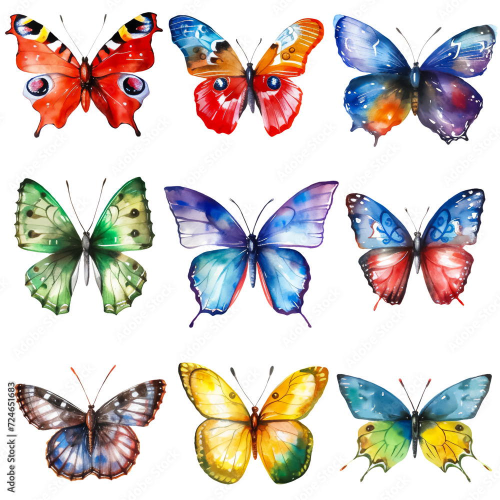 This image is a collection of colorful butterflies drawn in a watercolor style, each with a unique and vibrant color and pattern on their wings. They can be used for educational purposes to illustrate This image is a collection of colorful butterflies drawn in a watercolor style, each with a unique and vibrant color and pattern on their wings. They can be used for educational purposes to illustrate