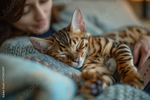 Bengal cat (kitten) falling asleep on its owners lap, whilst she looks at her phone 