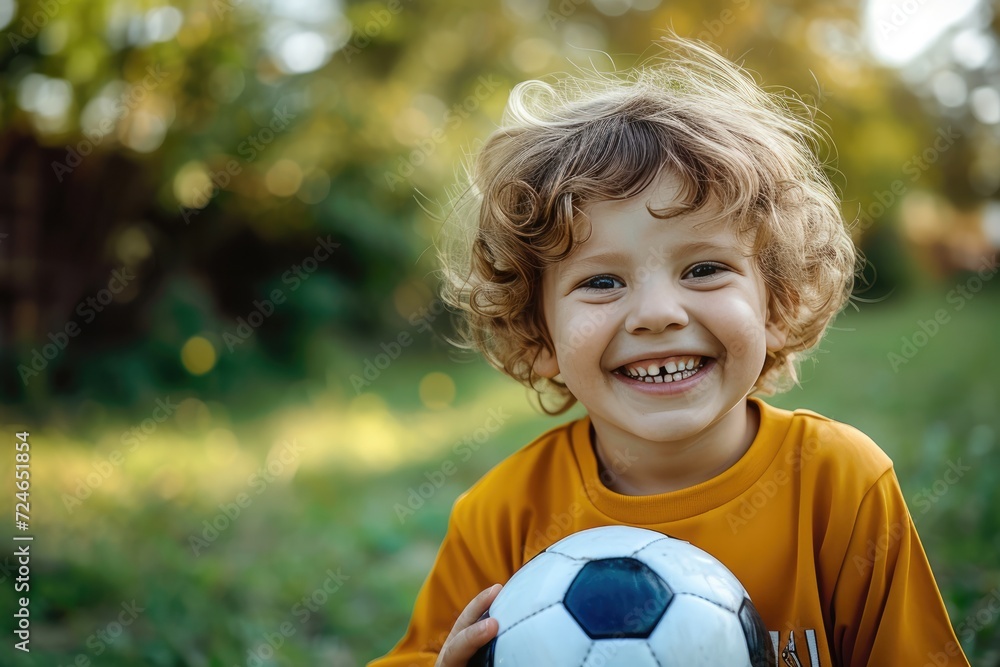 Cheerful small child before or after a game of soccer. Cheerful small child before or after a game of soccer.