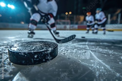 Close up of hockey puck and stick during a match with players in the background. 