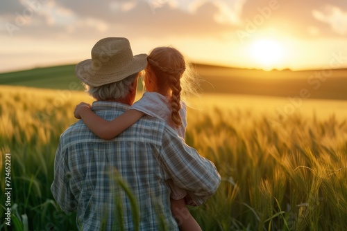 Happy grandfather enjoying nature with granddaughter and having fun in the middle of green wheat field on a sunset. Grandfather is carrying granddaughter on the shoulders. Copy space.