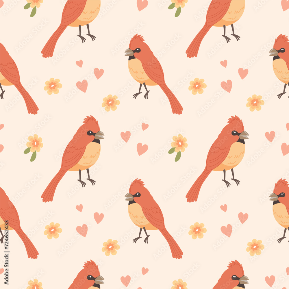 Seamless pattern with cute birds, hearts and flowers. Background, print. Vector illustration.