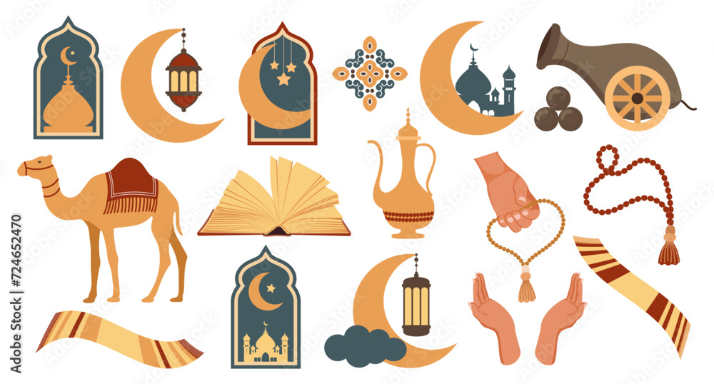 Set of icons of the Arabic Islamic holiday Ramadan. Set of icons of Islamic holiday, culture. Moon, camel, cannon, mosque, rosary, prayer book, lamp. Vector.