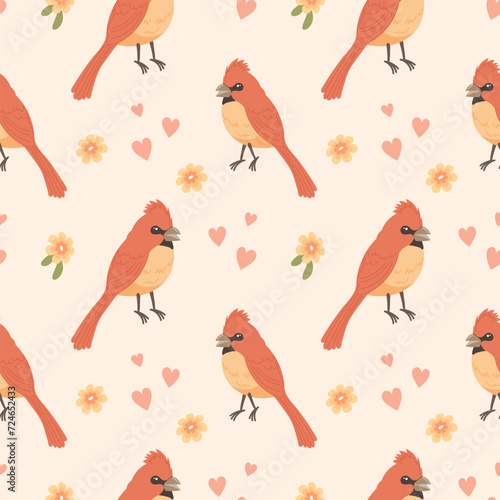 Seamless pattern with cute birds, hearts and flowers. Background, print. Vector illustration.