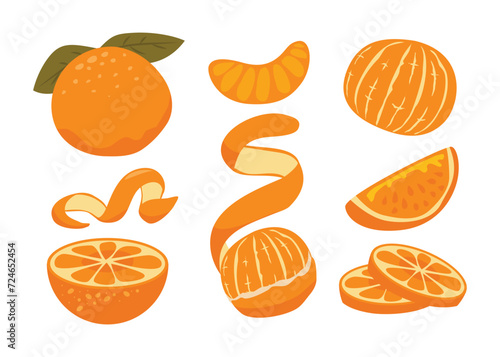 Set of Orange fruit flat icon kit collection. Segmented, sliced orange, peeled orange or whole oranges vector illustration set. Vitamin C healthy fresh food for diet program.