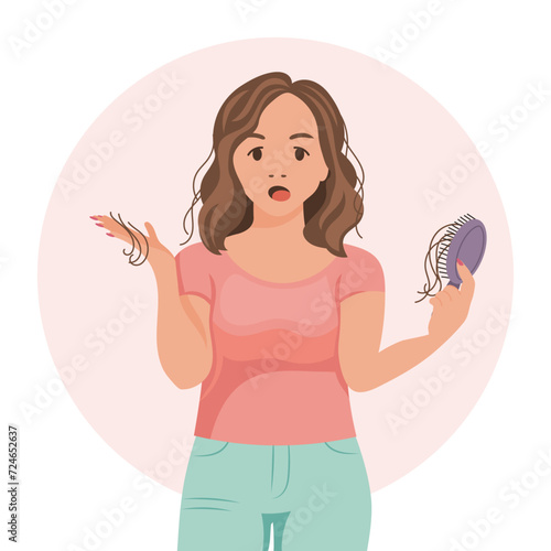 Woman with a comb in her hand. Hair loss, alopecia, hair problems, baldness. Illustration, vector