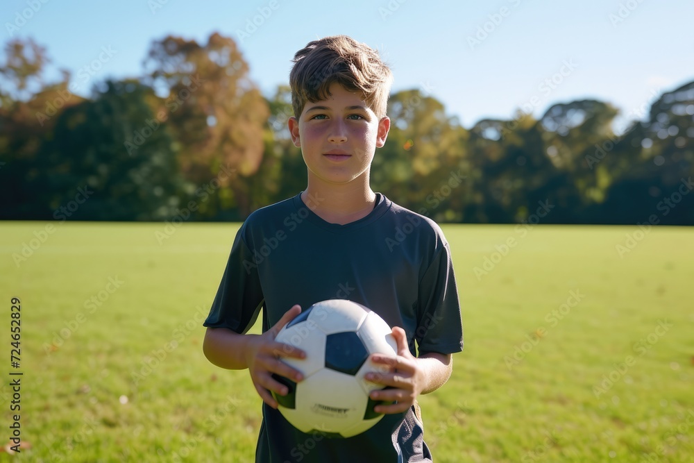 Portrait of a young amputee soccer player holding a soccer ball on soccer field