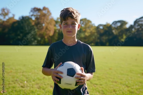 Obraz na płótnie Portrait of a young amputee soccer player holding a soccer ball on soccer field w salonie