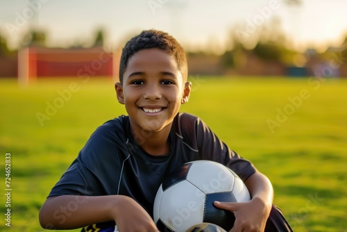 Portrait of a young amputee soccer player holding a soccer ball on soccer field 