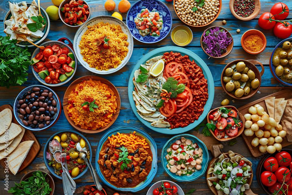 Colorful array of Mediterranean dishes on a vibrant blue table Colorful array of Mediterranean dishes on a vibrant blue table