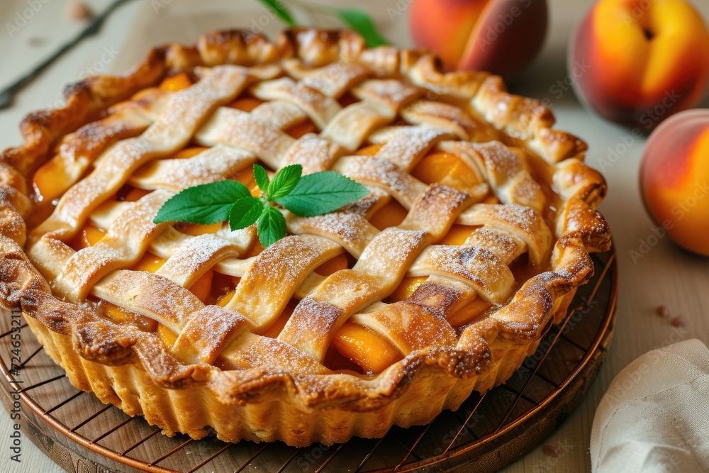 Close up photo of homemade peach pie for advertising confectionery Close up photo of homemade peach pie for advertising confectionery