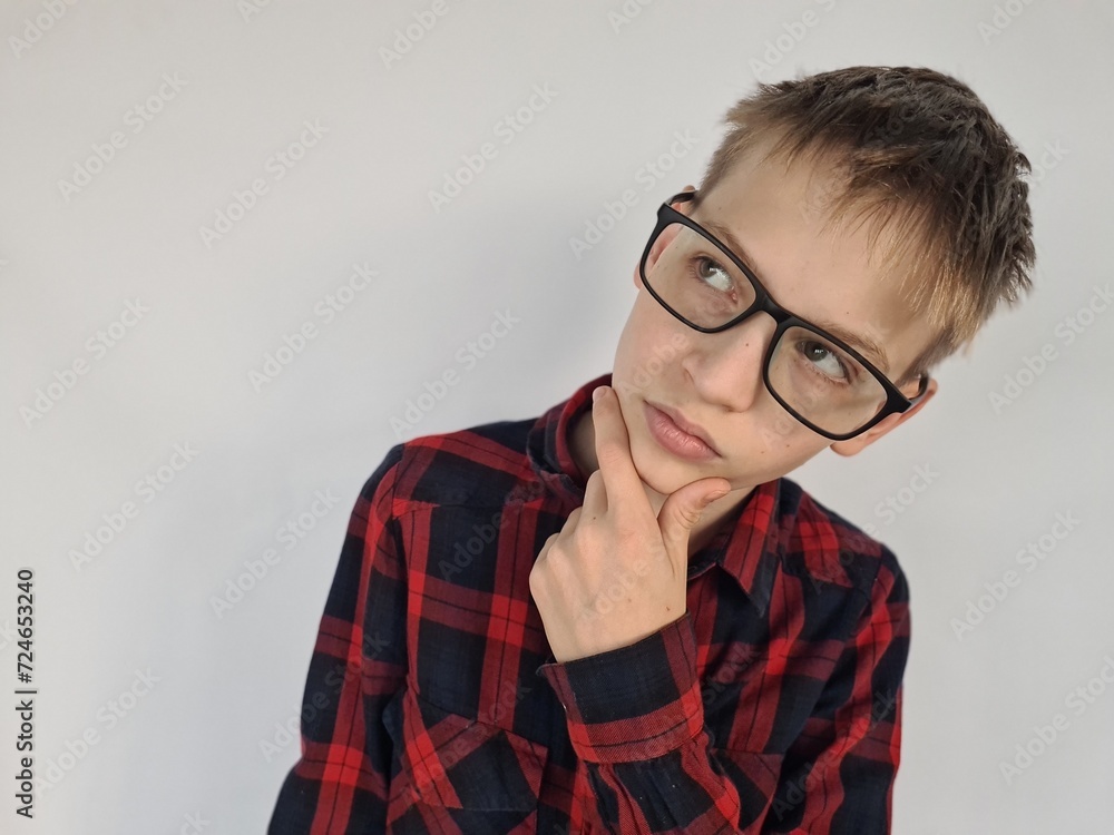 Good proposal and portrait of pensive man in glasses looking up Good proposal and portrait of pensive man in glasses looking up