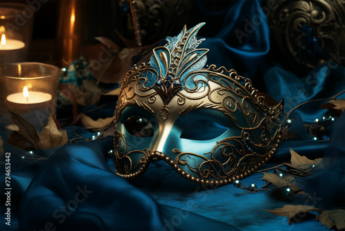 Capture mystique with a blue masquerade mask, bathed in enchanting light. Dark teal and light bronze hues evoke nostalgia and luxury, a perfect addition to intense close-ups